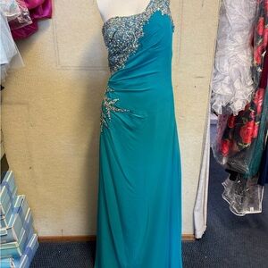 One-Shoulder Teal Evening Gown with Crystal Appliqué